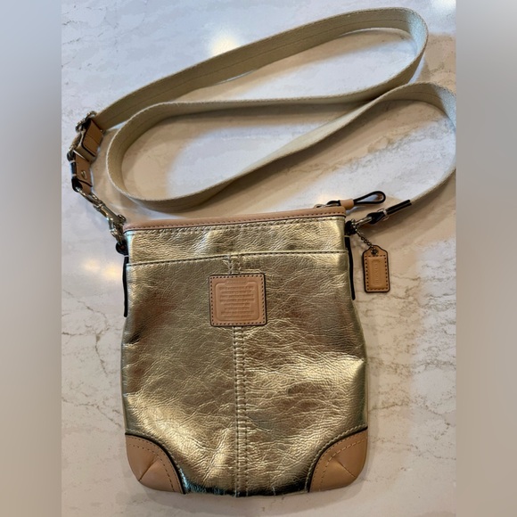 COACH Metallic Gold Crossbody Bag w/Taupe Trim & adjustable strap - Picture 1 of 10
